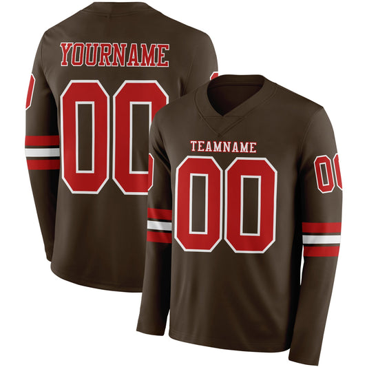 Custom Brown Red-White Long Sleeve Authentic Football Jersey - Main View