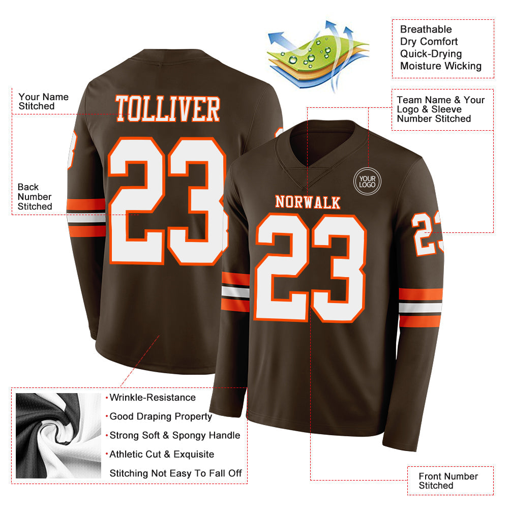 Custom Brown White-Orange Long Sleeve Authentic Football Jersey view 2