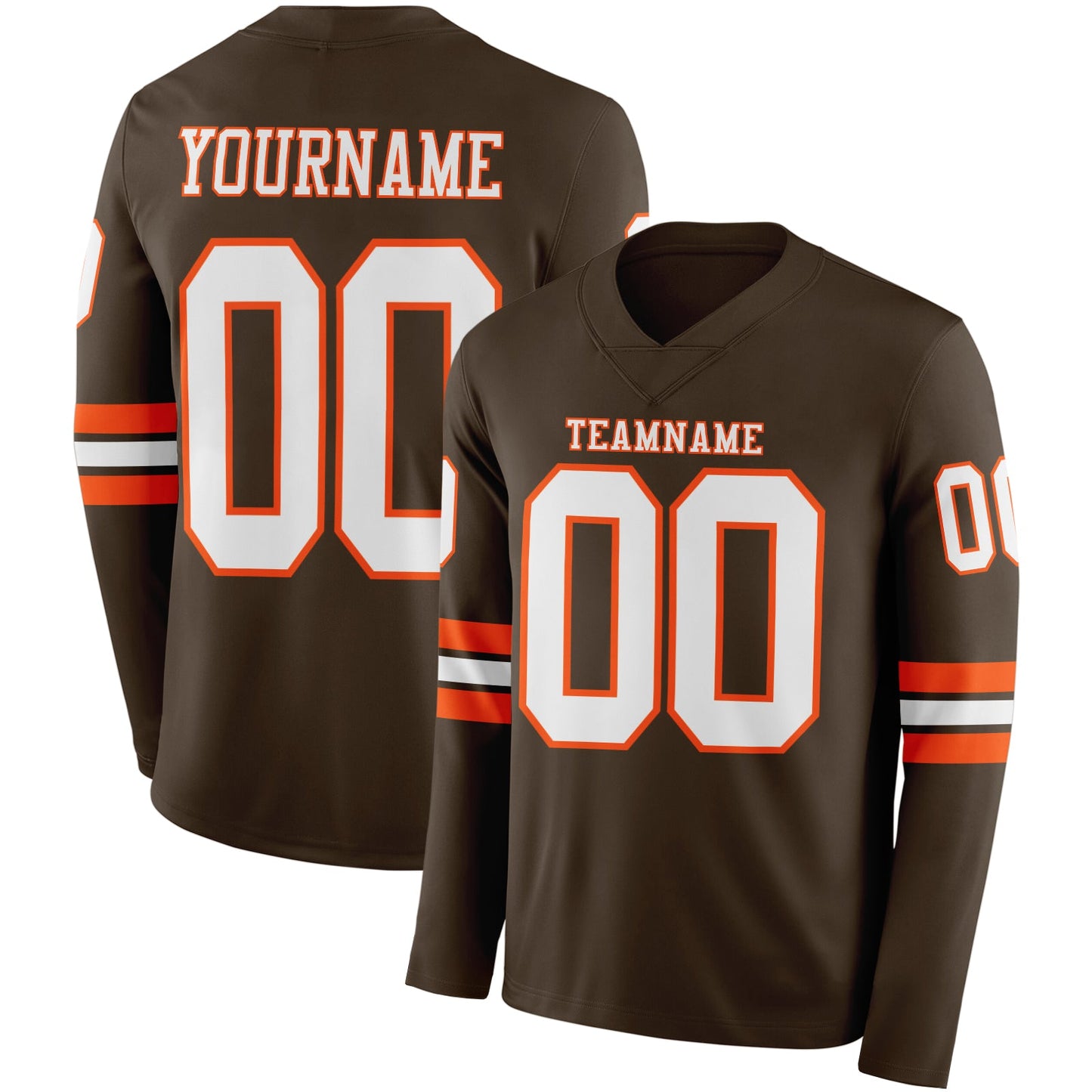 Custom Brown White-Orange Long Sleeve Authentic Football Jersey - Main View