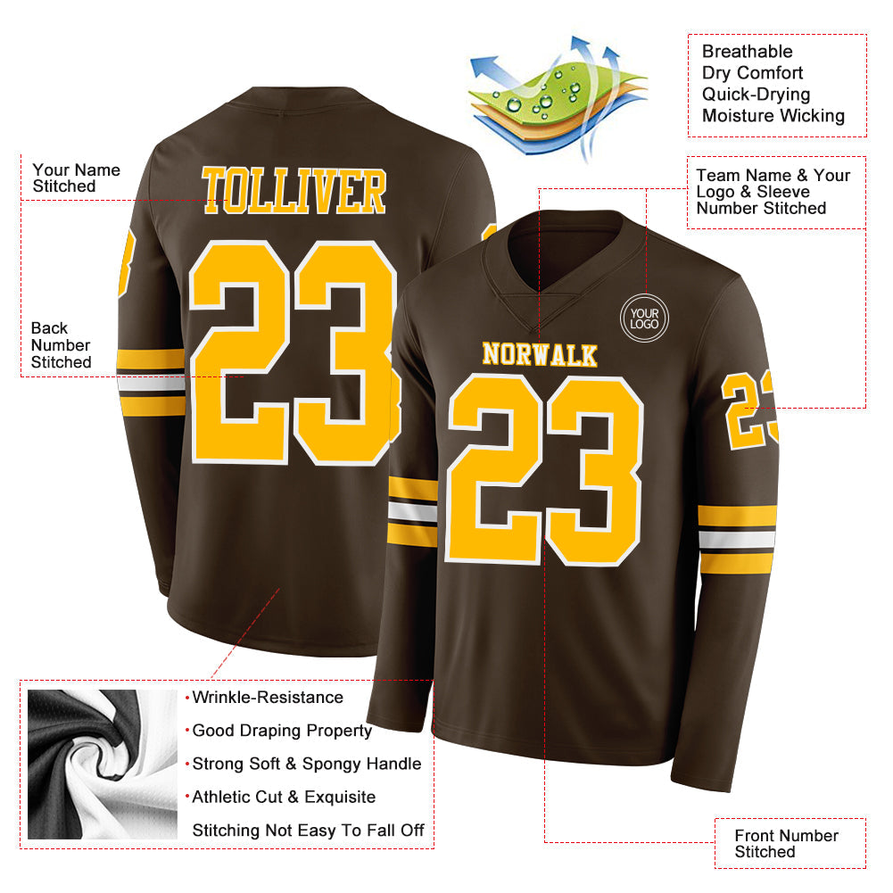 Custom Brown Gold-White Long Sleeve Authentic Football Jersey view 2
