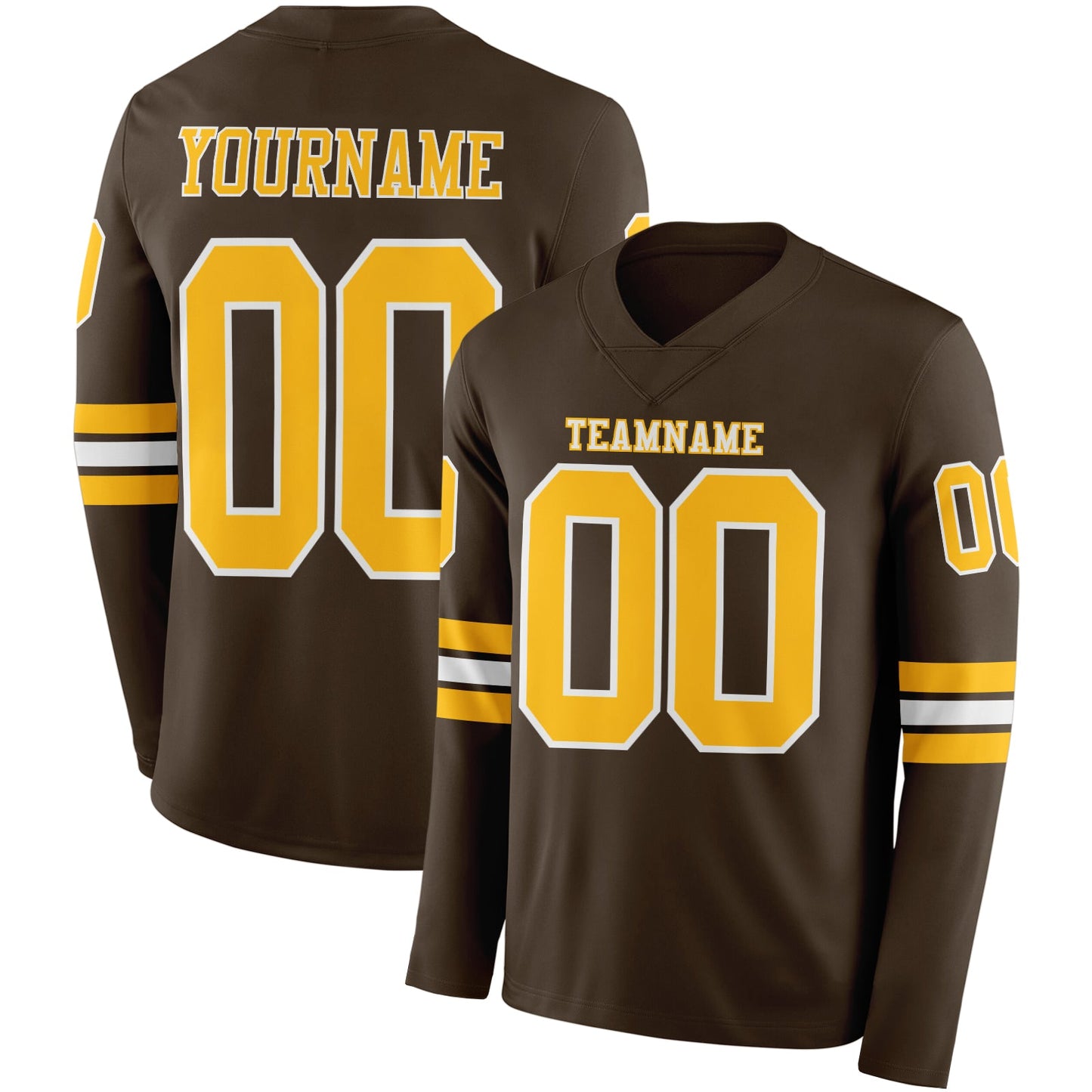 Custom Brown Gold-White Long Sleeve Authentic Football Jersey - Main View
