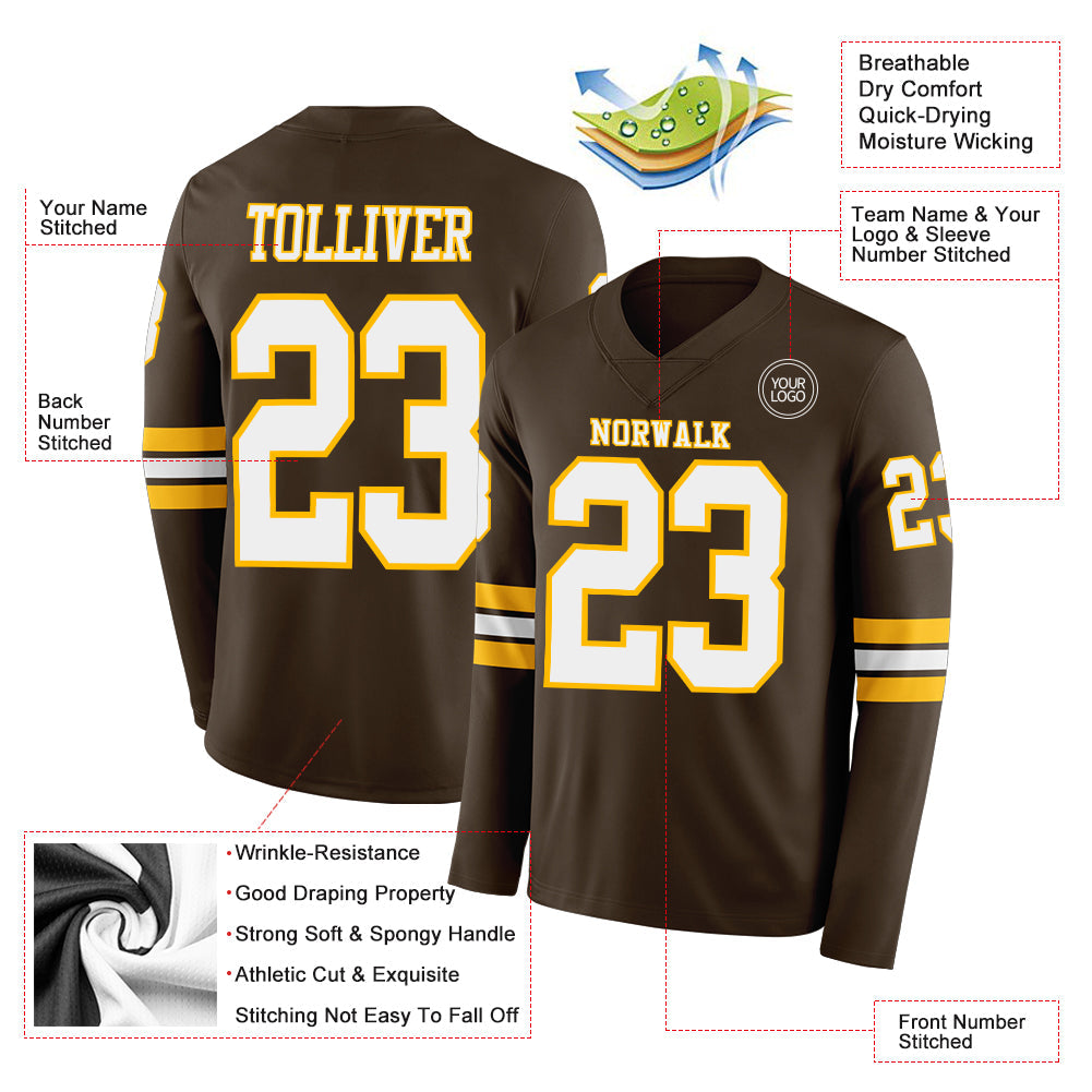 Custom Brown White-Gold Long Sleeve Authentic Football Jersey view 2