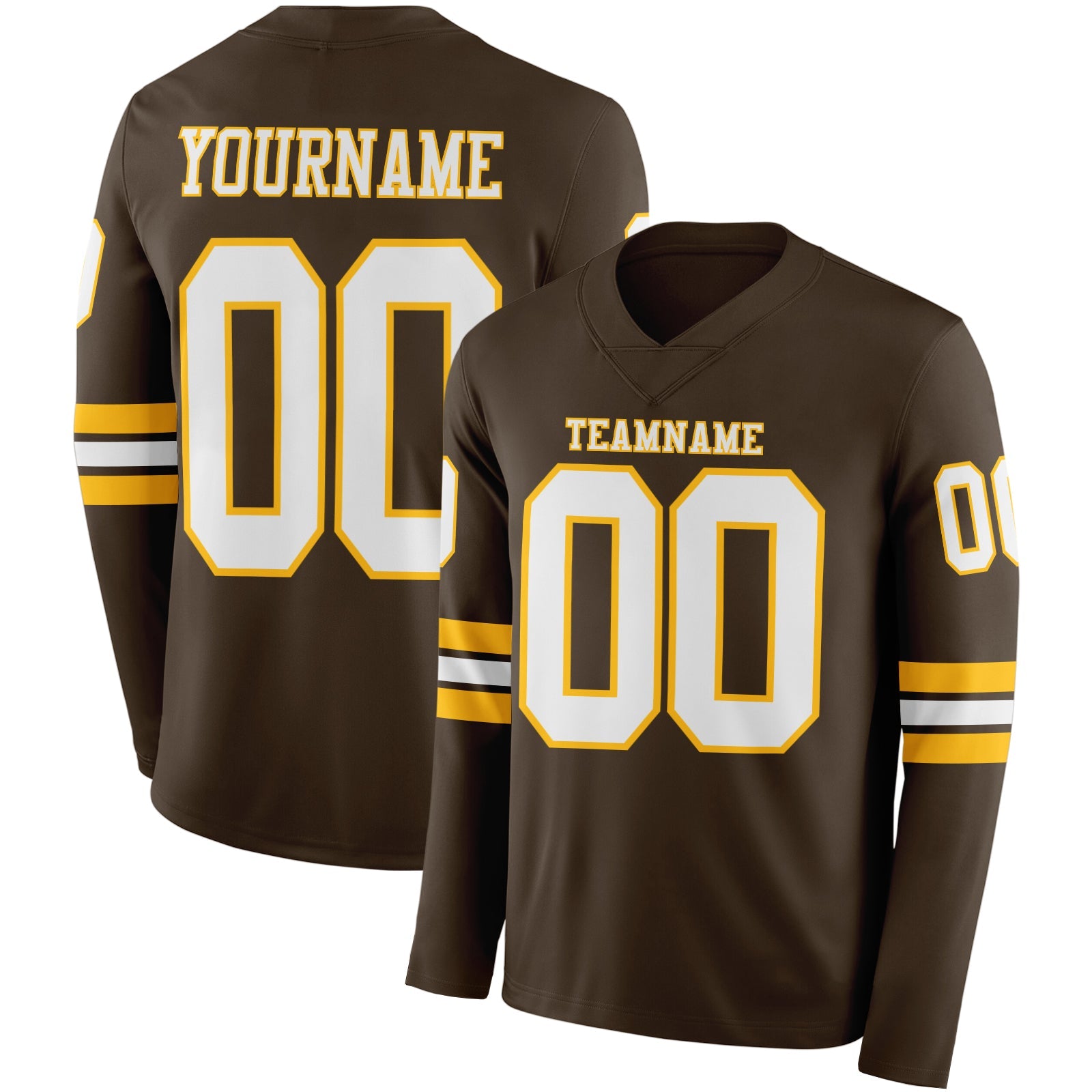 Custom Brown White-Gold Long Sleeve Authentic Football Jersey - Main View
