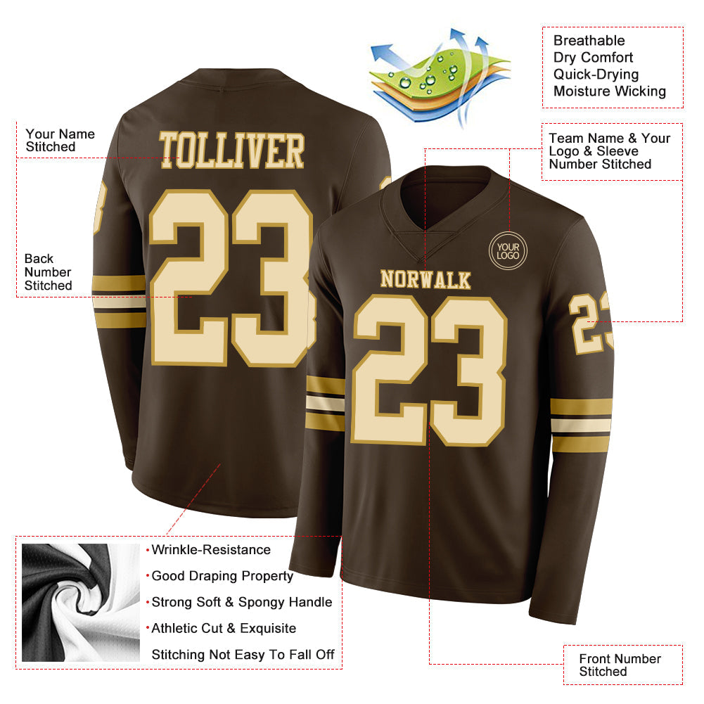 Custom Brown Cream-Old Gold Long Sleeve Authentic Football Jersey view 2