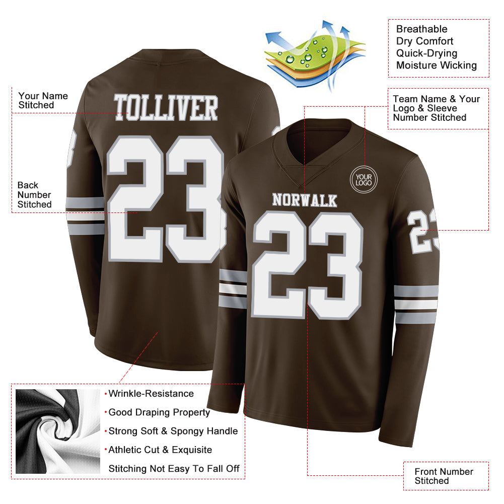 Custom Brown White-Gray Long Sleeve Authentic Football Jersey view 2
