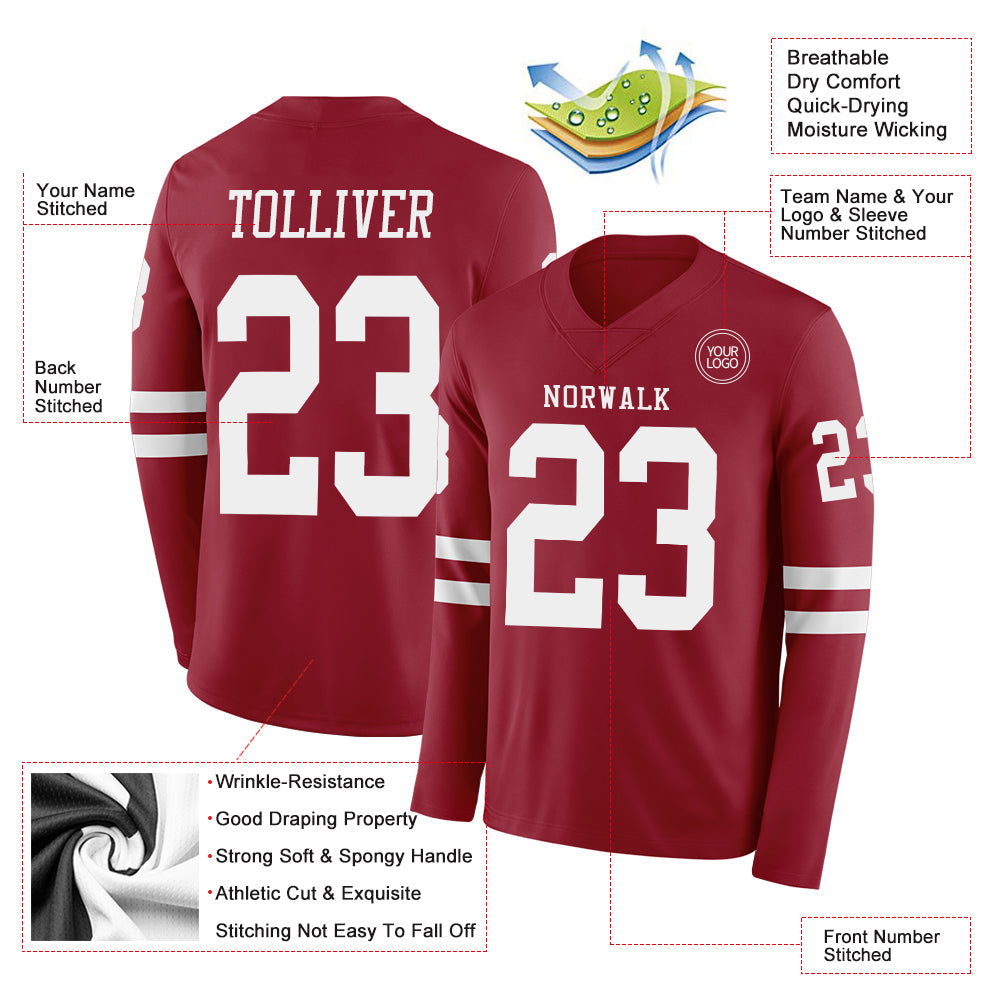 Custom Cardinal White Long Sleeve Authentic Football Jersey view 2