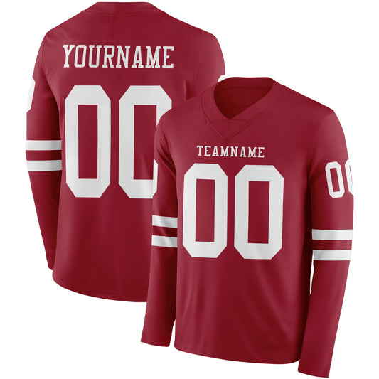 Custom Cardinal White Long Sleeve Authentic Football Jersey - Main View