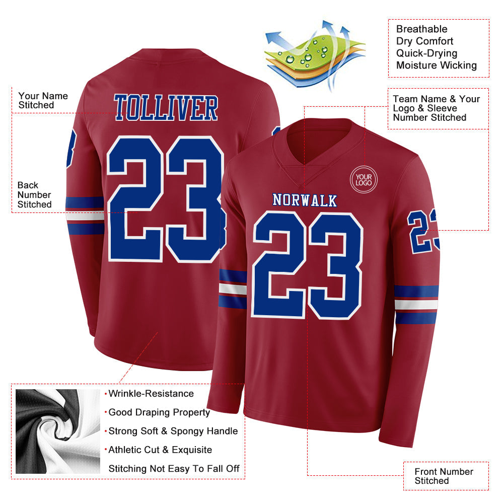 Custom Cardinal Royal-White Long Sleeve Authentic Football Jersey view 2