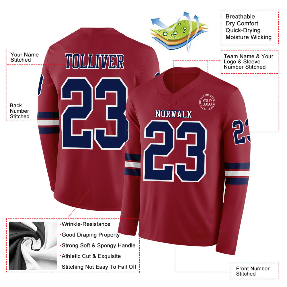 Custom Cardinal Navy-White Long Sleeve Authentic Football Jersey view 2