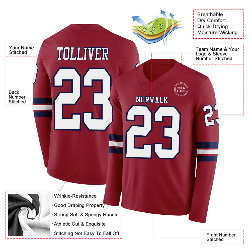 Custom Cardinal White-Navy Long Sleeve Authentic Football Jersey view 2