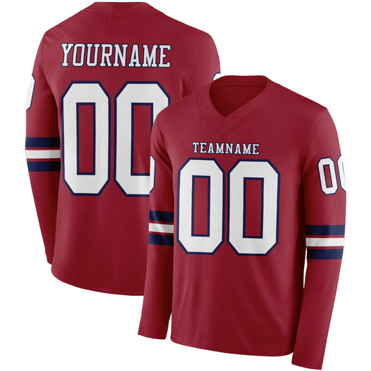 Custom Cardinal White-Navy Long Sleeve Authentic Football Jersey - Main View
