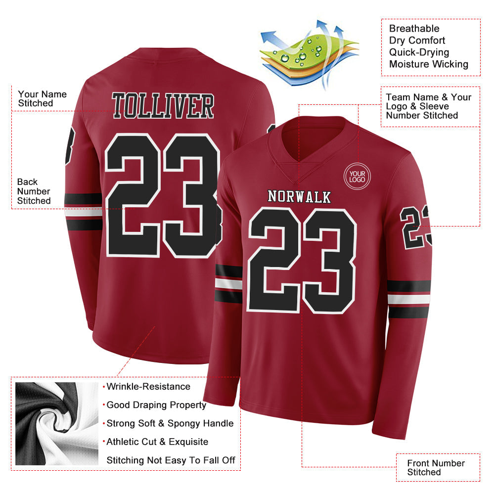 Custom Cardinal Black-White Long Sleeve Authentic Football Jersey view 2
