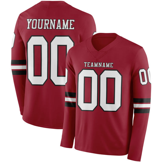 Custom Cardinal White-Black Long Sleeve Authentic Football Jersey - Main View