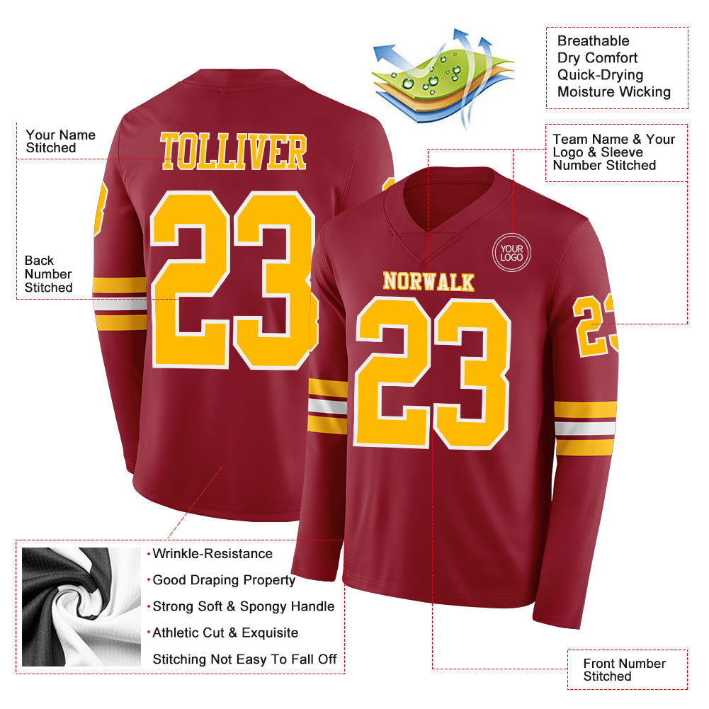 Custom Cardinal Gold-White Long Sleeve Authentic Football Jersey view 2
