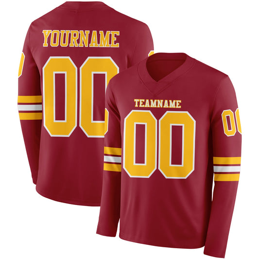 Custom Cardinal Gold-White Long Sleeve Authentic Football Jersey - Main View