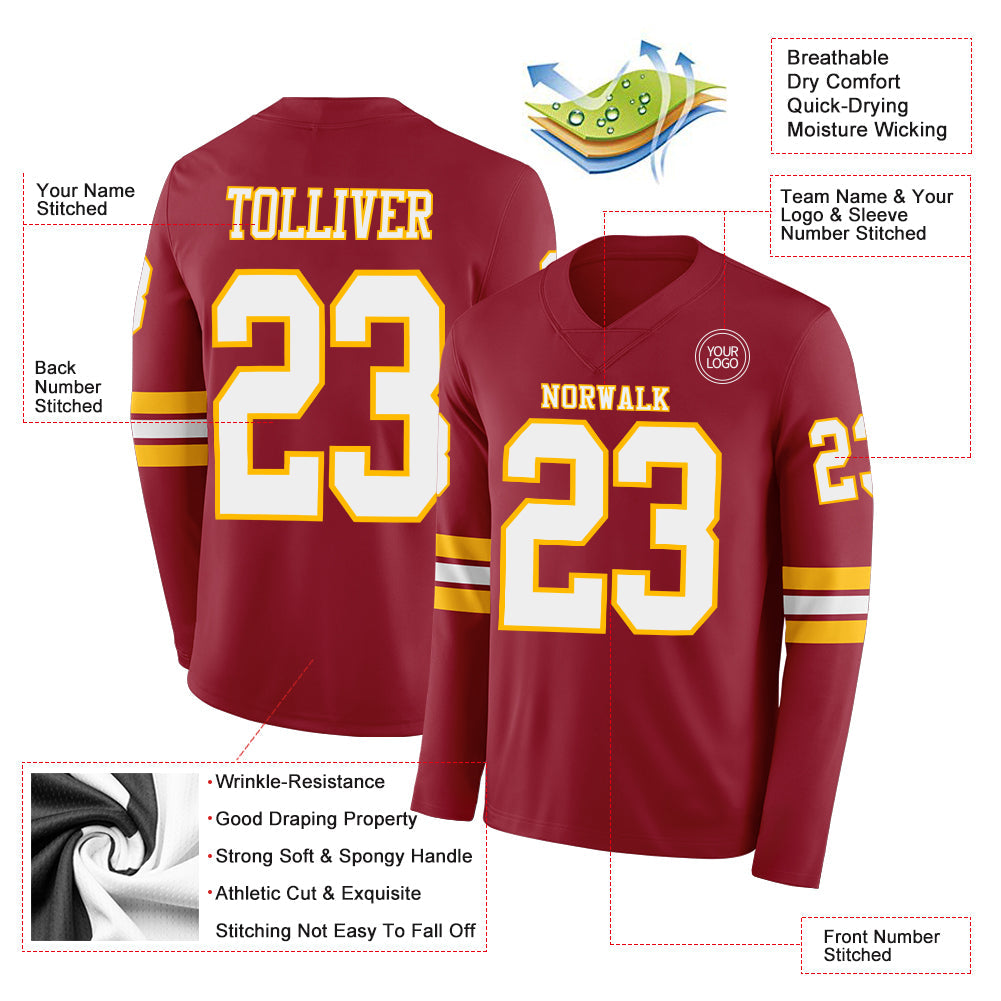 Custom Cardinal White-Gold Long Sleeve Authentic Football Jersey view 2