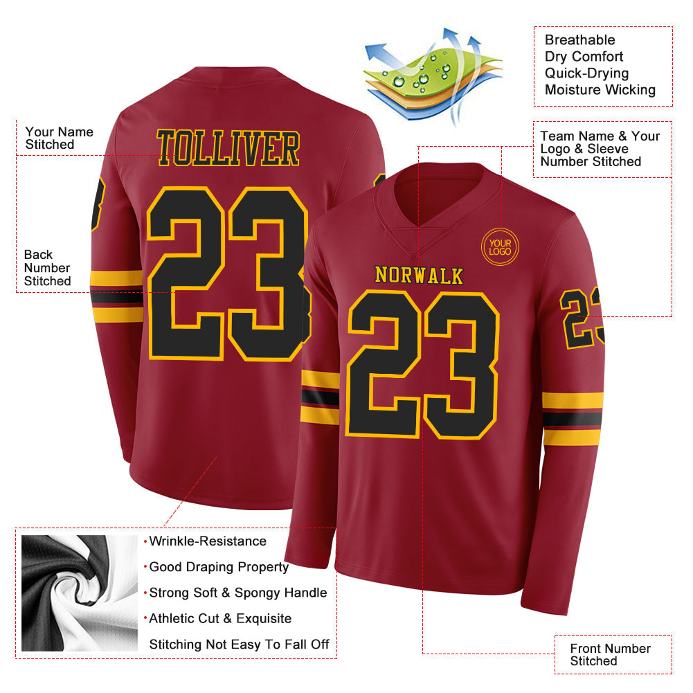 Custom Cardinal Black-Gold Long Sleeve Authentic Football Jersey view 2