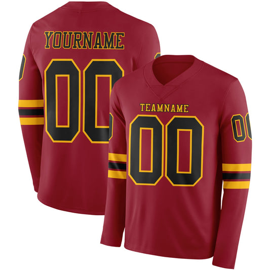 Custom Cardinal Black-Gold Long Sleeve Authentic Football Jersey - Main View