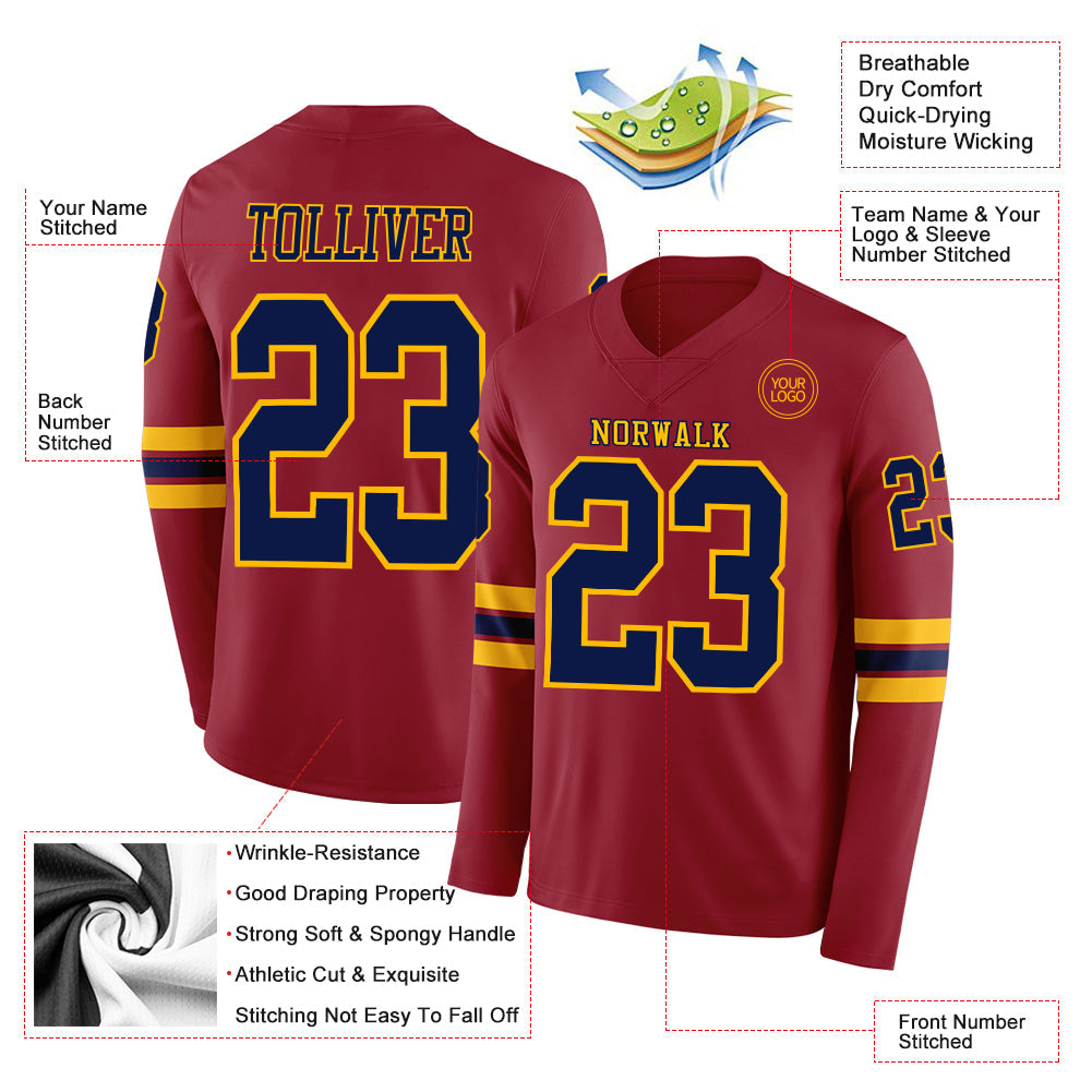 Custom Cardinal Navy-Gold Long Sleeve Authentic Football Jersey view 2