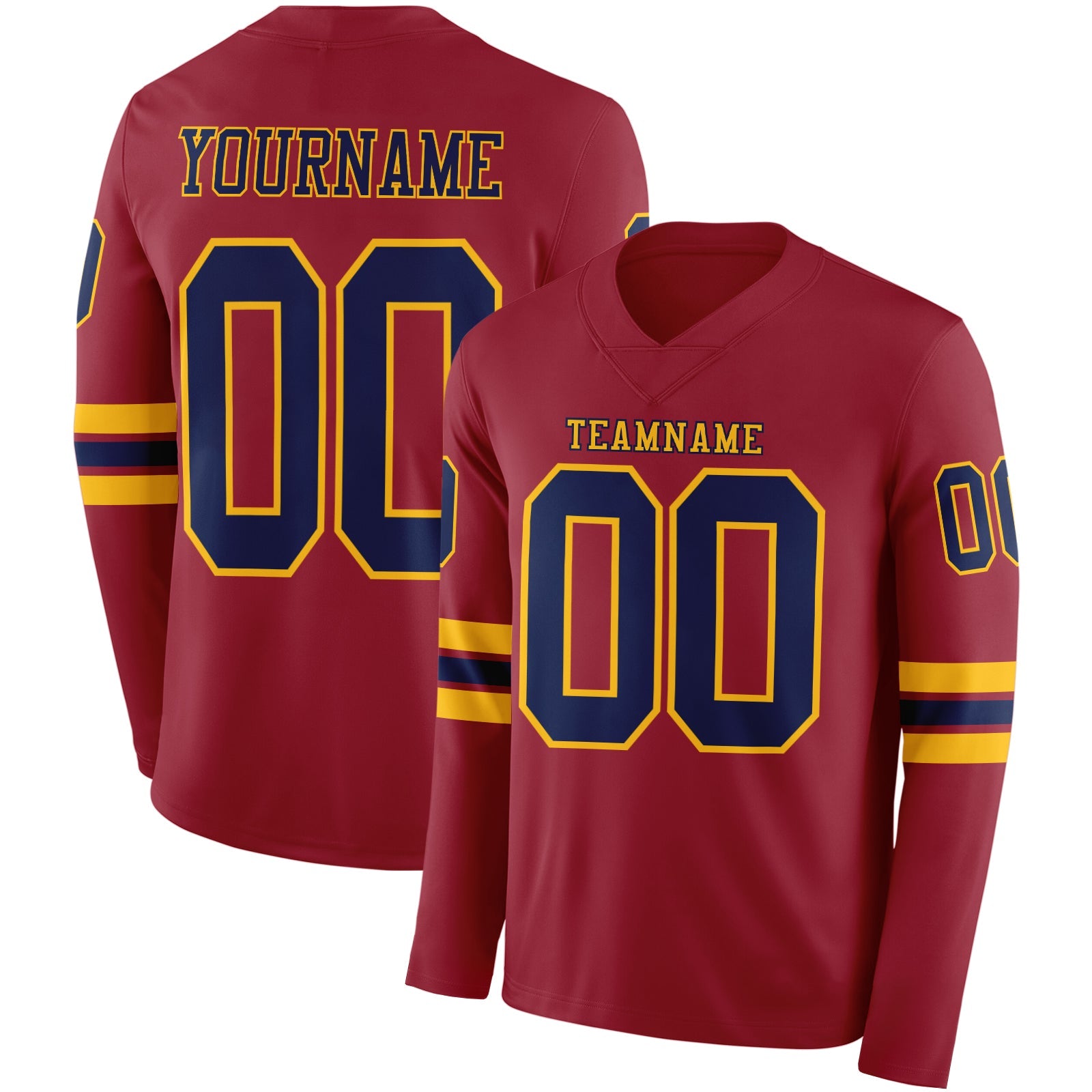 Custom Cardinal Navy-Gold Long Sleeve Authentic Football Jersey - Main View