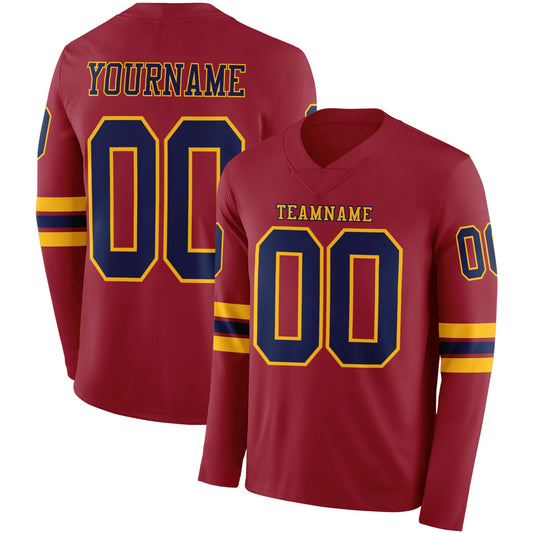 Custom Cardinal Navy-Gold Long Sleeve Authentic Football Jersey - Main View