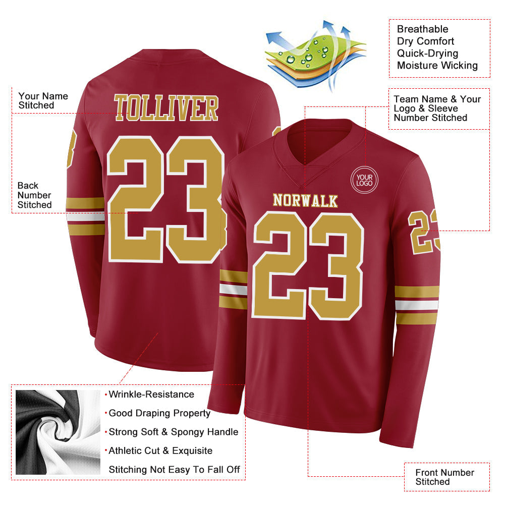 Custom Cardinal Old Gold-White Long Sleeve Authentic Football Jersey view 2