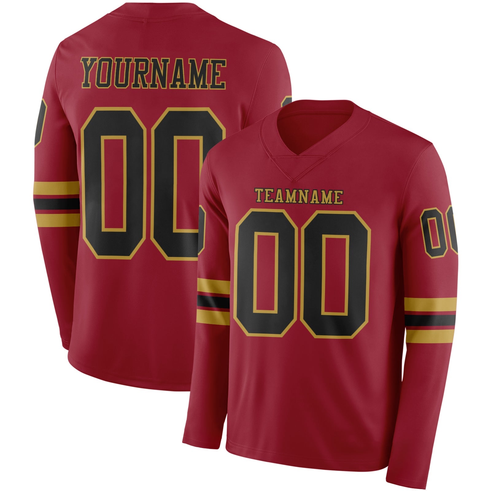 Custom Cardinal Black-Old Gold Long Sleeve Authentic Football Jersey - Main View