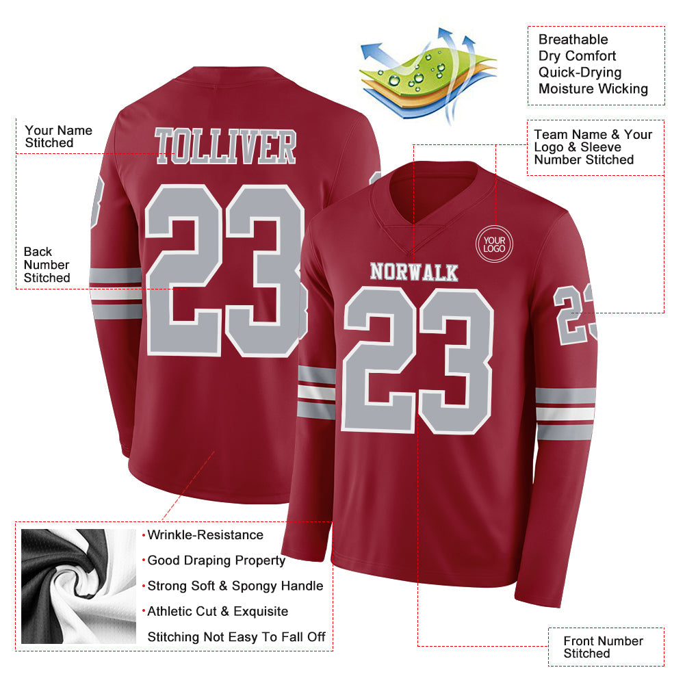 Custom Cardinal Gray-White Long Sleeve Authentic Football Jersey view 2