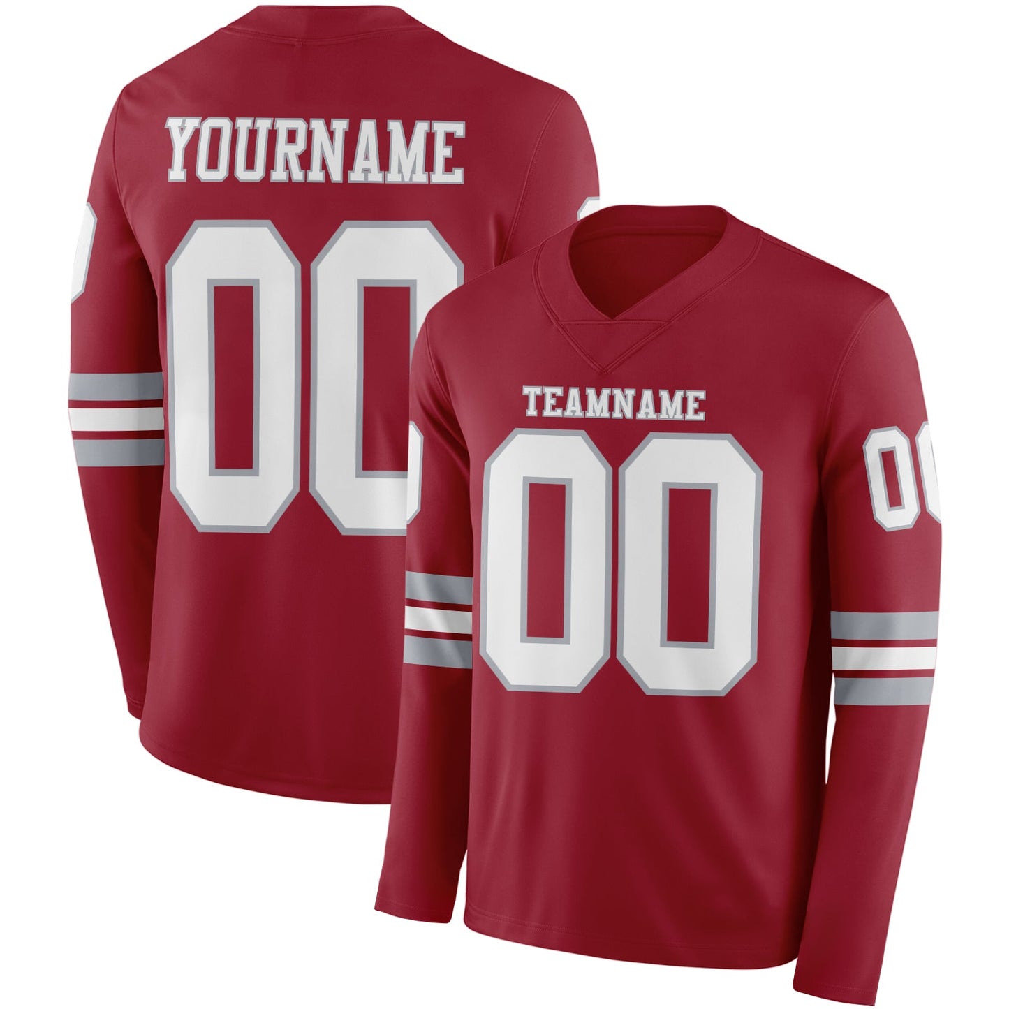 Custom Cardinal White-Gray Long Sleeve Authentic Football Jersey - Main View