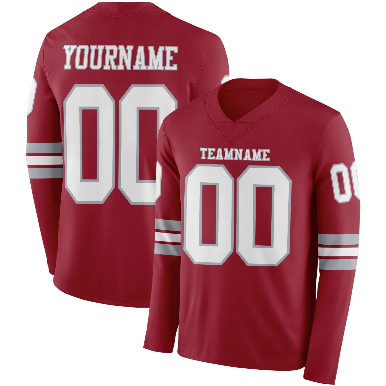 Custom Cardinal White-Gray Long Sleeve Authentic Football Jersey - Main View