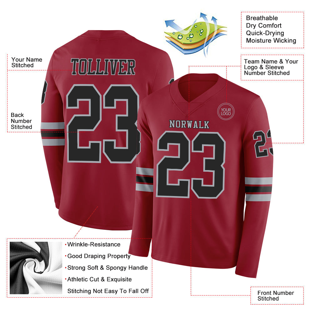 Custom Cardinal Black-Gray Long Sleeve Authentic Football Jersey view 2