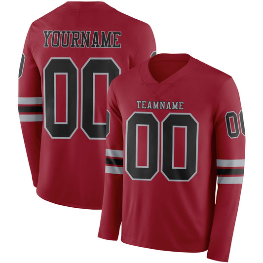 Custom Cardinal Black-Gray Long Sleeve Authentic Football Jersey - Main View