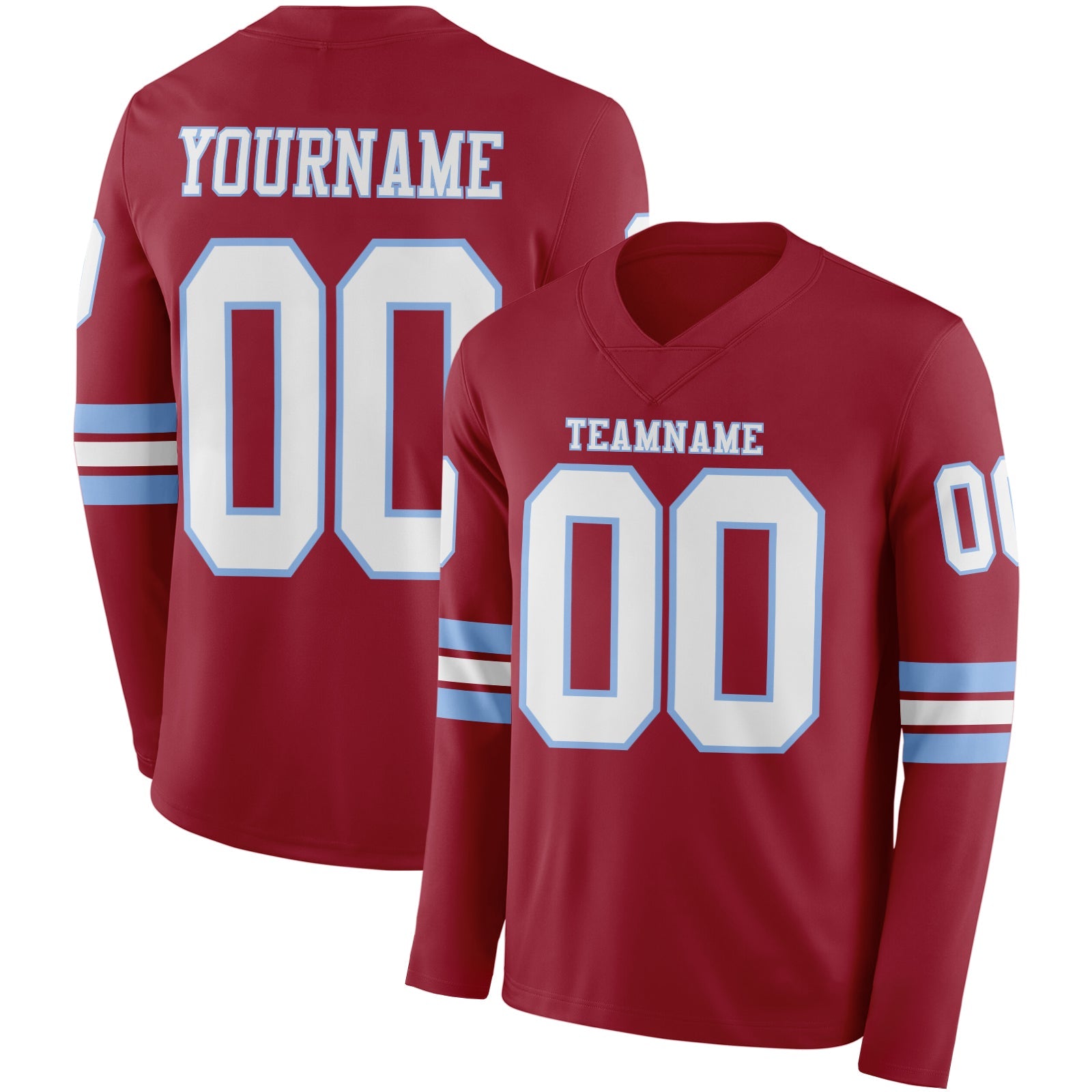 Custom Cardinal White-Light Blue Long Sleeve Authentic Football Jersey - Main View
