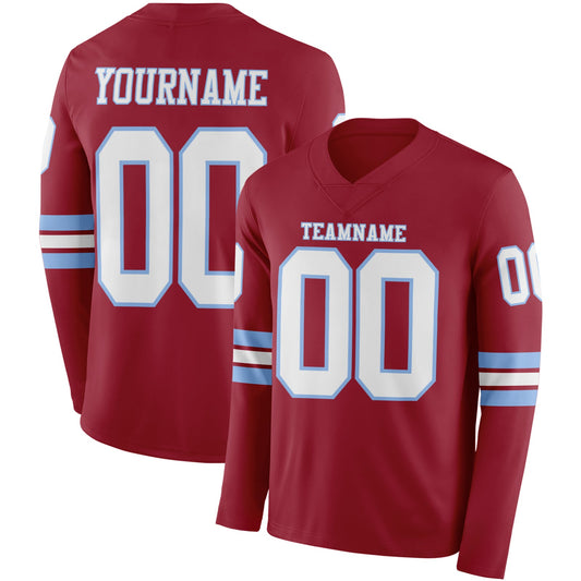 Custom Cardinal White-Light Blue Long Sleeve Authentic Football Jersey - Main View