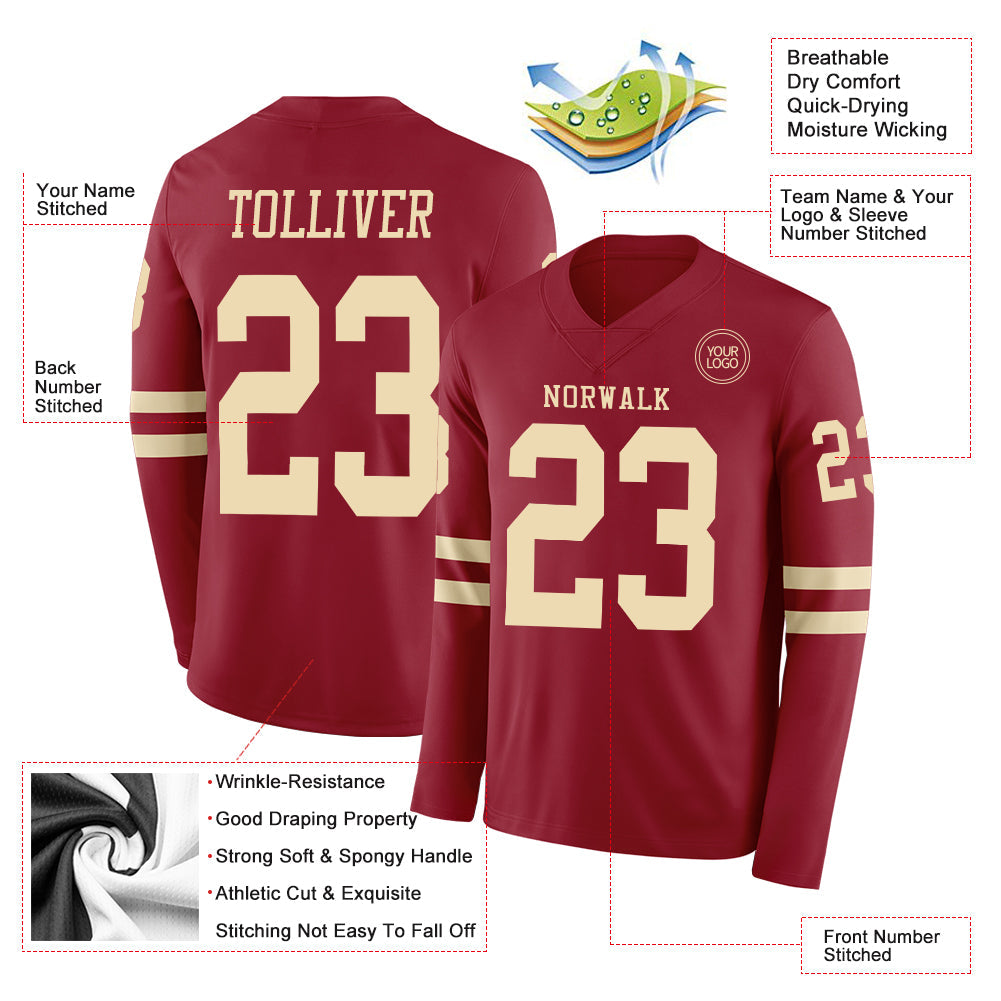 Custom Cardinal Cream Long Sleeve Authentic Football Jersey view 2
