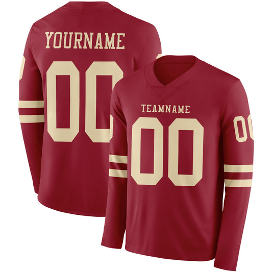 Custom Cardinal Cream Long Sleeve Authentic Football Jersey - Main View