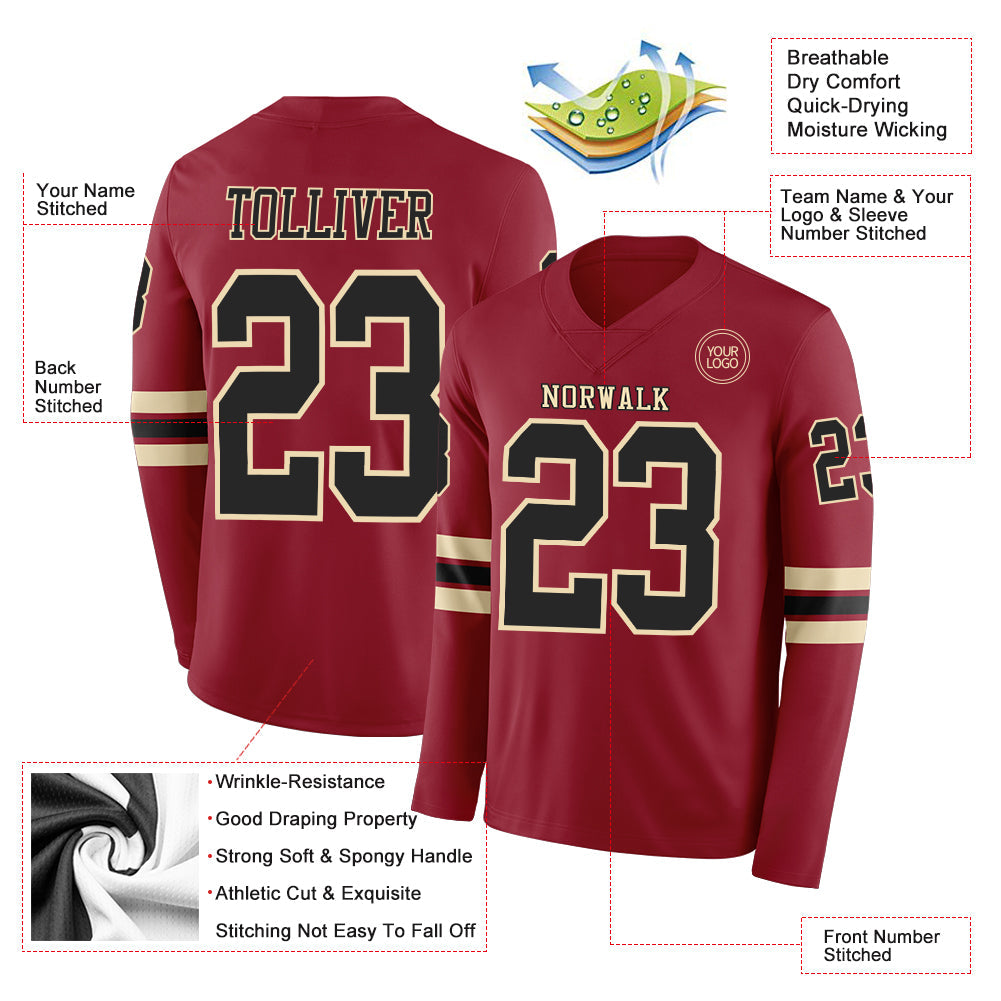 Custom Cardinal Black-Cream Long Sleeve Authentic Football Jersey view 2