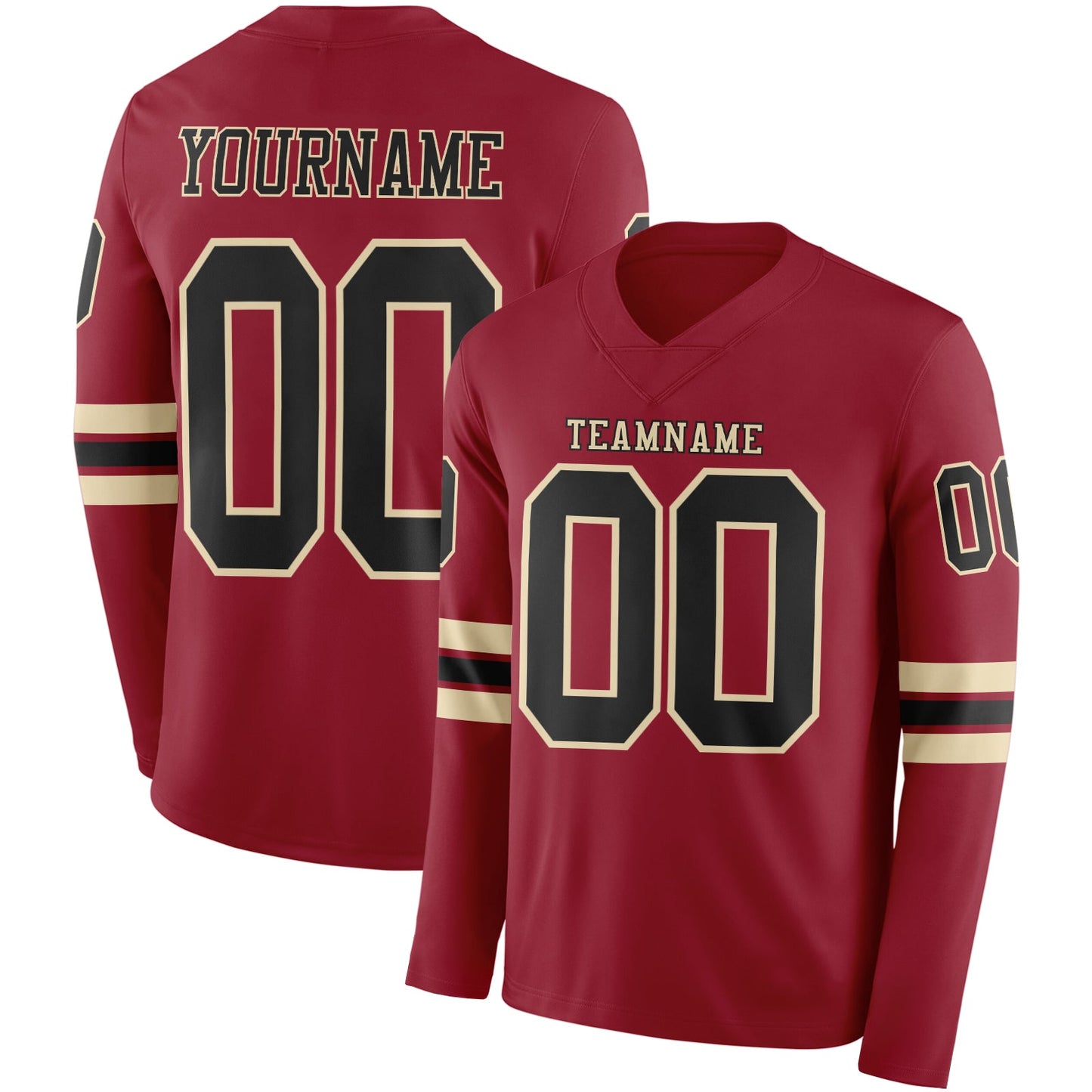 Custom Cardinal Black-Cream Long Sleeve Authentic Football Jersey - Main View