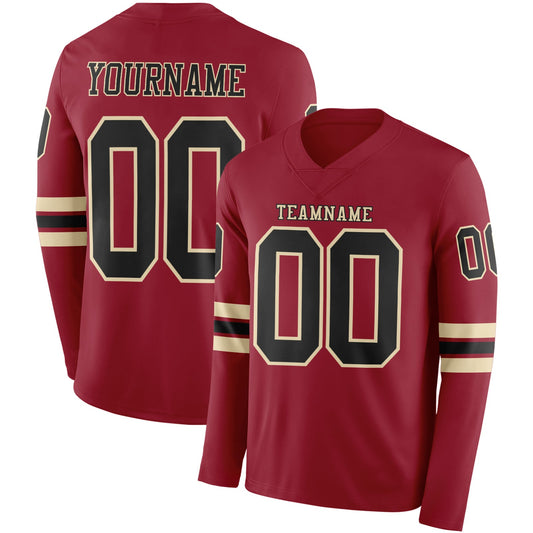 Custom Cardinal Black-Cream Long Sleeve Authentic Football Jersey - Main View