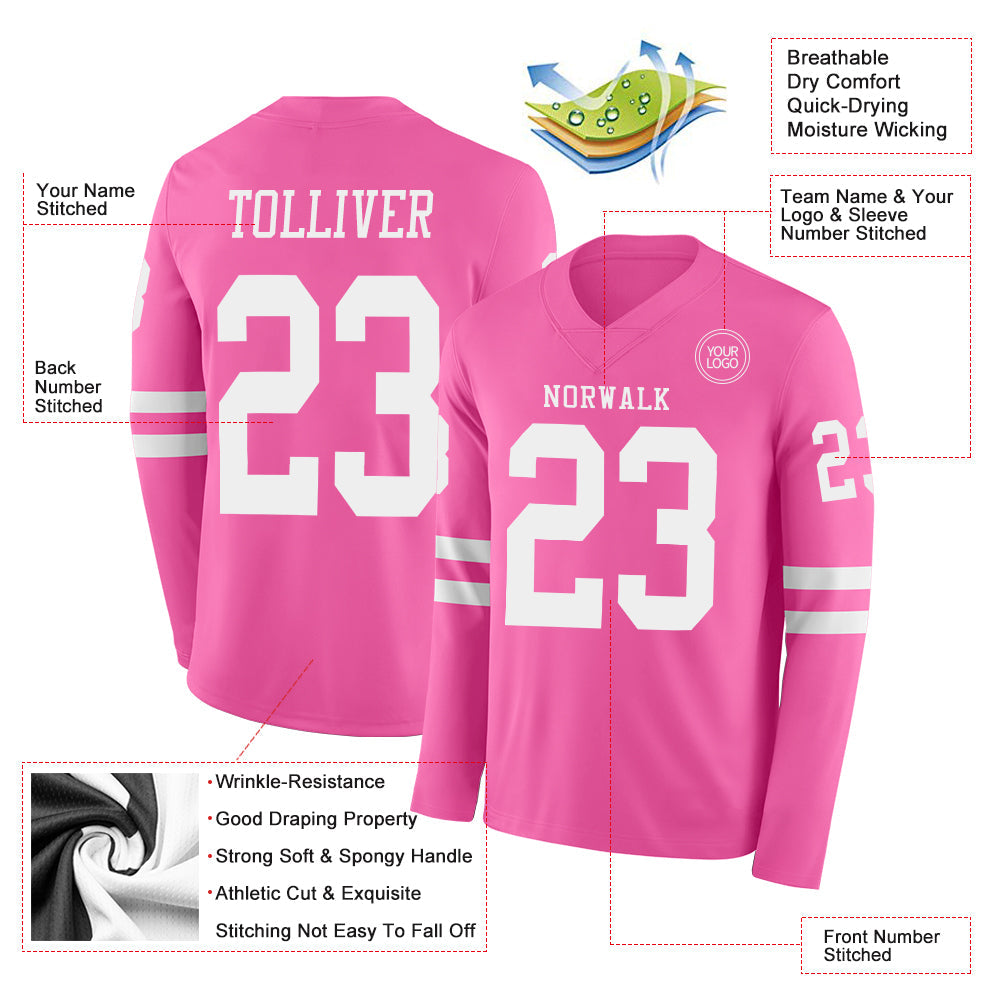Custom Pink White Long Sleeve Authentic Football Jersey view 2