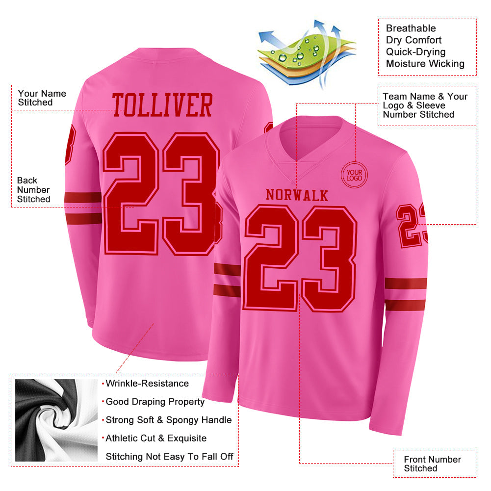 Custom Pink Red Long Sleeve Authentic Football Jersey view 2