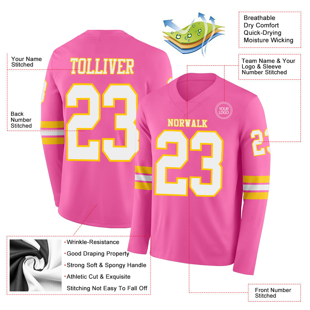 Custom Pink White-Yellow Long Sleeve Authentic Football Jersey view 2