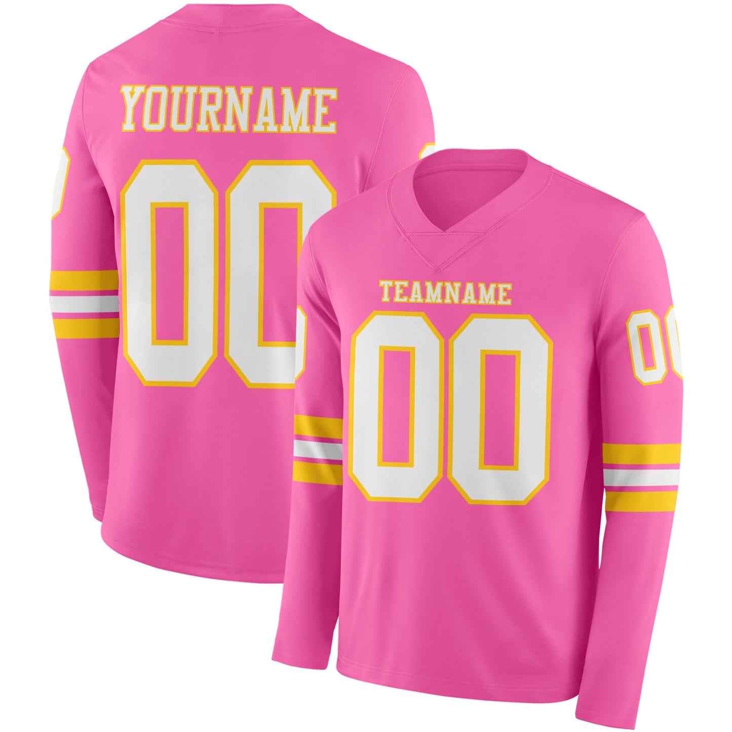 Custom Pink White-Yellow Long Sleeve Authentic Football Jersey - Main View
