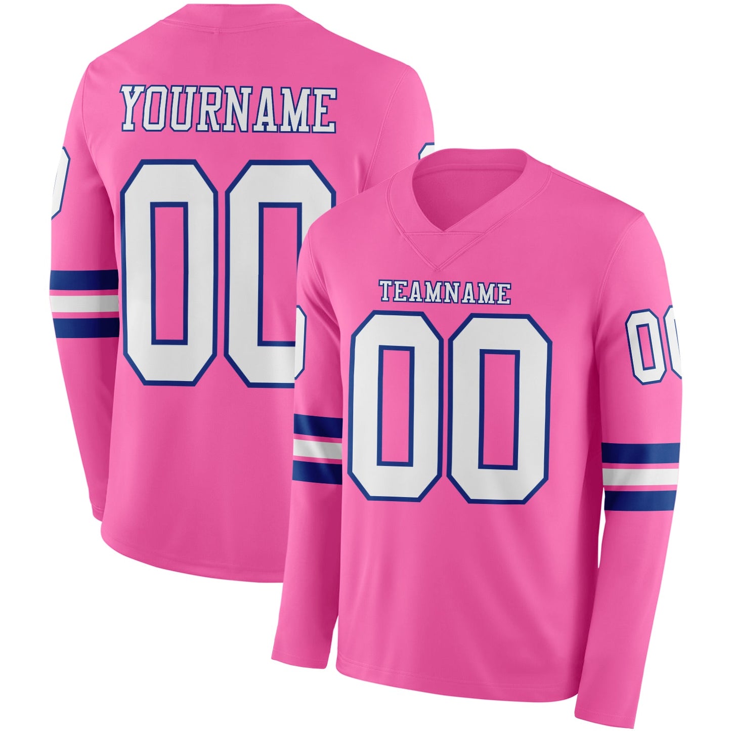 Custom Pink White-Royal Long Sleeve Authentic Football Jersey - Main View