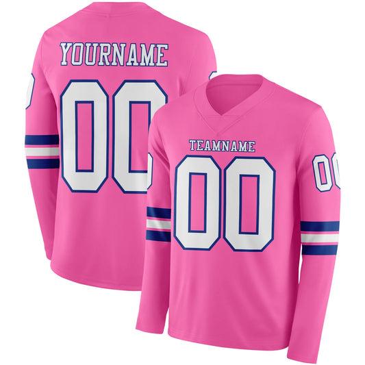 Custom Pink White-Royal Long Sleeve Authentic Football Jersey - Main View