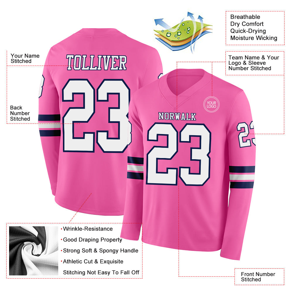 Custom Pink White-Navy Long Sleeve Authentic Football Jersey view 2