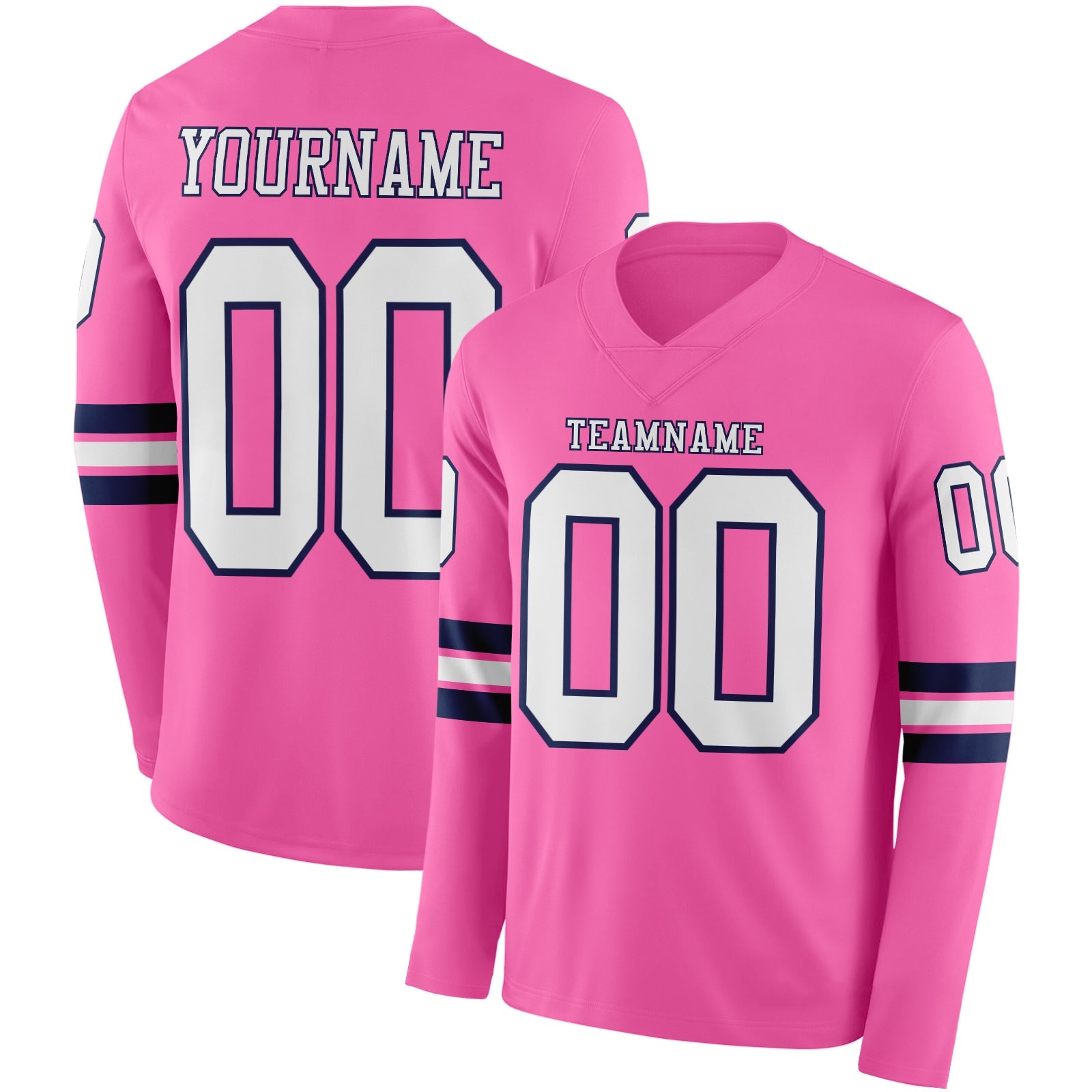 Custom Pink White-Navy Long Sleeve Authentic Football Jersey - Main View