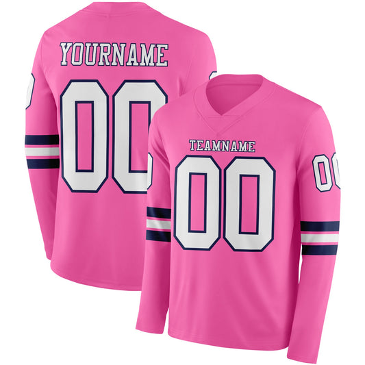 Custom Pink White-Navy Long Sleeve Authentic Football Jersey - Main View