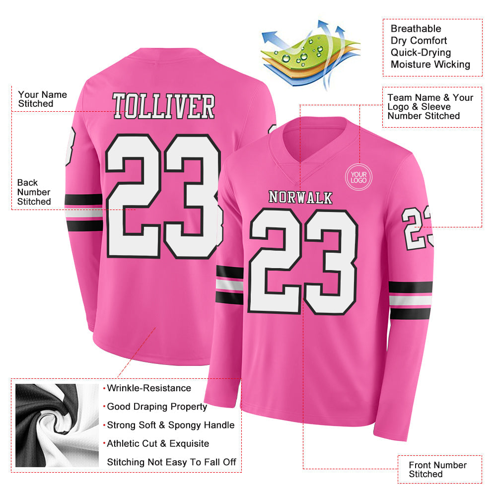 Custom Pink White-Black Long Sleeve Authentic Football Jersey view 2