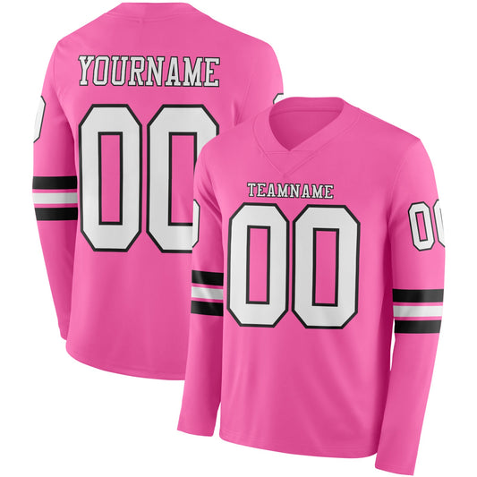 Custom Pink White-Black Long Sleeve Authentic Football Jersey - Main View